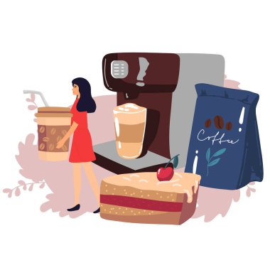 Güzel kız bir bardak kahveyle gelir. Posta kartı ya da poster için vektör çizimi. El çizimi. Paket kahve. Moda Biçimi.