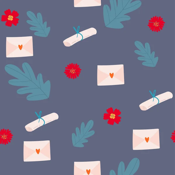 Vector Cute Seamless Pattern Love Envelopes Mail White Background Doodle —  Vetores de Stock