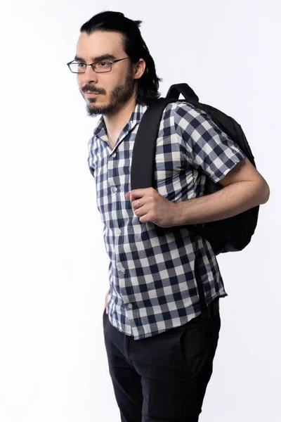 Young Man Dark Hair Beard Glasses Wearing Shirt Backpack White — Stock Photo, Image