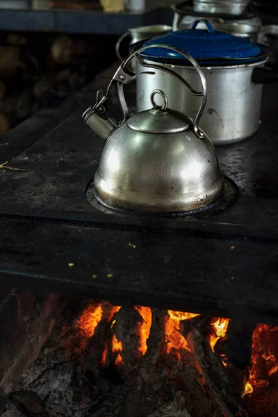 Close Stainless Steel Kettle Burning Wood Stove — стоковое фото