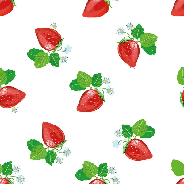 Бесшовный узор реалистичного изображения вкусной спелой клубники с цветами — стоковый вектор