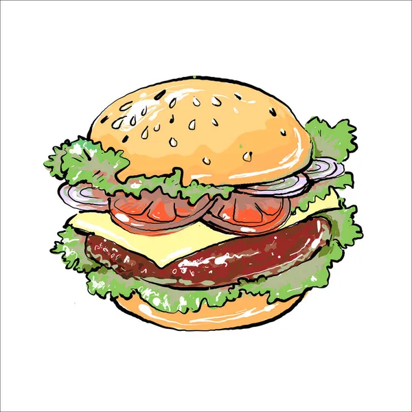 Disegno vettoriale di hamburger con formaggio, pomodori, cipolla, in stile cartone animato. Illustrazione per menu fast food di design. Hamburger isolato su bianco — Vettoriale Stock