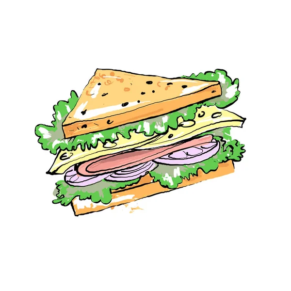 Sandwich au jambon et aux légumes illustration isolée sur blanc — Image vectorielle