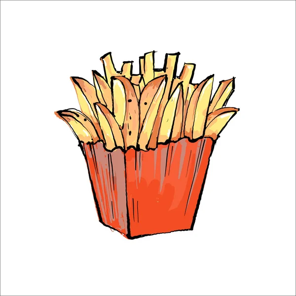 Patate fritte fritte fast food in scatola pacchetto rosso isolato su disegno di sfondo bianco — Vettoriale Stock