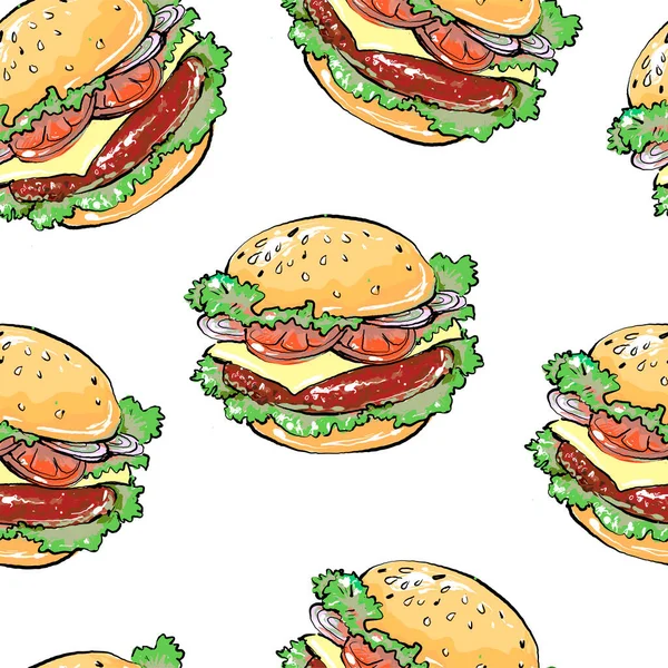 Hamburger stile cartone animato senza soluzione di continuità modello di sfondo — Vettoriale Stock