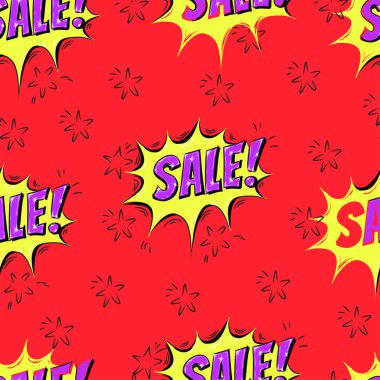 Kusursuz vektör şablonu. Kelime satışı ve uçan yıldızlarla dolu konuşma baloncukları. Renkli resimleme