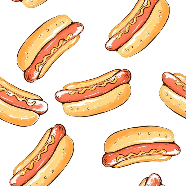 Modello senza cuciture con hot dog con senape su sfondo bianco — Vettoriale Stock
