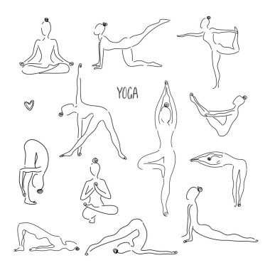 Yoga doğrusal simgeler oluşturur. Sarvangasana halasana bakasana uttanasana siddhasana vrikshasana trikonasana virabhadrasana. İnce çizgi çizgili semboller. İzole vektör çizimleri