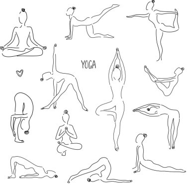 Siyah ve beyaz seamless modeli Yoga teşkil etmektedir. Asanalar, semboller ve metin ile Yoga arka plan