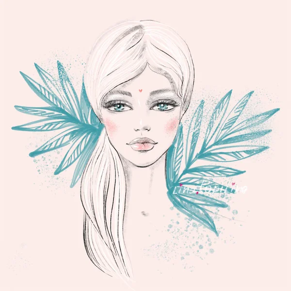 Retrato de moda de uma boneca bela jovem rosto feminino com grandes olhos com plantas tropicais em um estilo de moda esboço em um fundo rosa claro para o conceito de moda de beleza contemporânea. — Fotografia de Stock