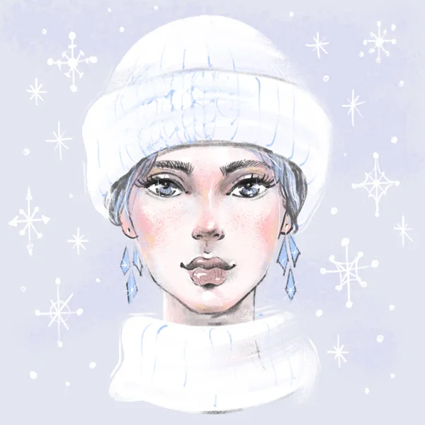 Молодая девушка в зимней шляпе и шарфе. Женщина в зимней одежде на синем фоне. Женский персонаж под падающими снежинками. Женщина аватар. Зимняя концепция — стоковое фото