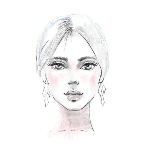 Smuk kvinde ansigt sort og hvid blyant akvarel tegning skitse. Pige portræt illustration. Fashion kunst på hvid baggrund. - Stock-foto # 