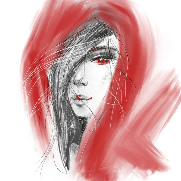 Портрет дівчини пальто з червоними лінзами очей, може бути використаний для прикраси або плаката — стокове фото
