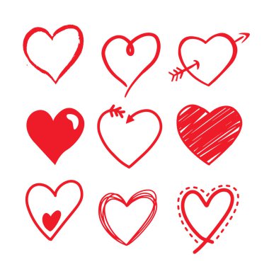 Doodle red love hearts icons set. Hand drawn scribble hearts. painted heart shaped elements for valentines day greeting romantic symbols