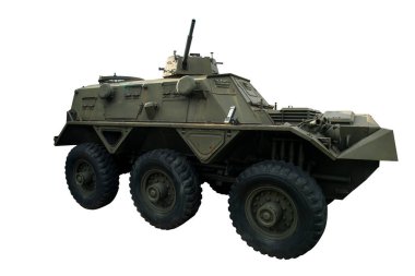 Beyaz arka planda izole edilmiş, birleşik bir platform savaşında eski zırhlı personel taşıyıcısı. Tayland askeri ekipmanı.