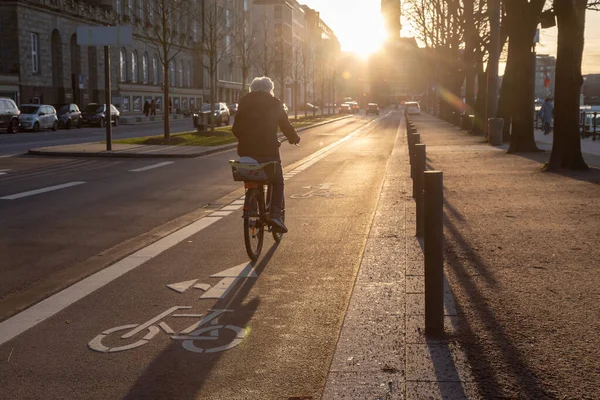 Ciclista Sulla Pista Ciclabile Nella Retroilluminazione — Foto Stock