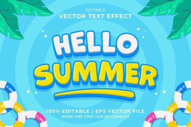 Düzenlenebilir metin efekti Merhaba Yaz 3d Çizgi film şablon biçimi premium vektörü