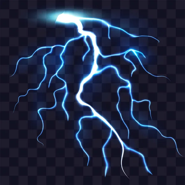 Realistic electric lightning with glow and glitter effect. Thunderstorm and lightning isolated on transparent background. Bright lighting effects. Natural phenomena. Vector. — Stock Vector