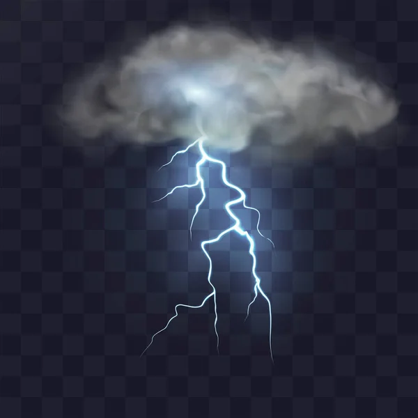 Realistische wolk met elektrische bliksem met gloeiend effect. Onweer en bliksem geïsoleerd op transparante achtergrond. — Stockvector