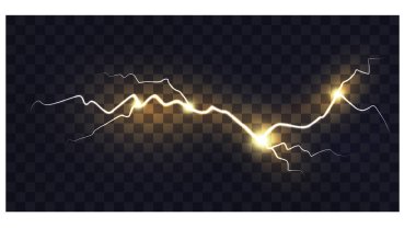 Electric discharge. Yellow lightning isolated on transparent background. Natural phenomenon. Vector