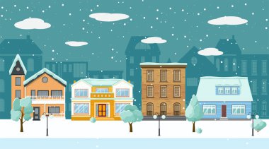 Sokak boyunca evler, ağaçlar ve fenerler olan modern şehir manzarası. Düz tasarım tarzı. Vektör illüstrasyonu