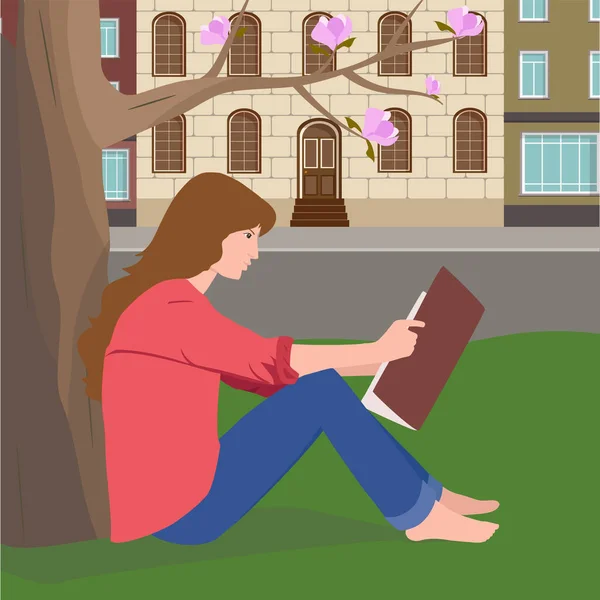 Una chica se sienta en un césped debajo de un árbol y lee un libro. Vector — Archivo Imágenes Vectoriales