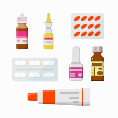 İlaç, eczane, hastane ilaçları. Haplar, kapsüller, vitaminler, tentür, boğaz spreyi. Vektör illüstrasyonu