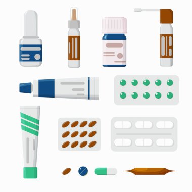 İlaç, eczane, hastane ilaçları. Haplar, kapsüller, vitaminler, tentür, boğaz spreyi. Vektör illüstrasyonu
