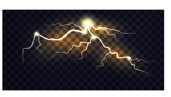 Electric discharge. Yellow lightning isolated on transparent background. Natural phenomenon. Vector. — Archivo Imágenes Vectoriales