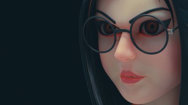 Gözlük takan çalışan bir kadın, gözler üzerine odaklanmış. Çizgi film karakterinin ifadesi. Klasik ton arkaplanı, 3B Render