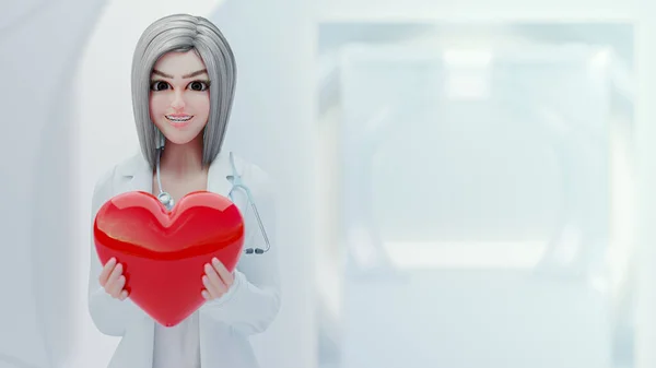 Female Young Doctor Holding Red Heart Two Hands Happy Smile — Stock Photo, Image