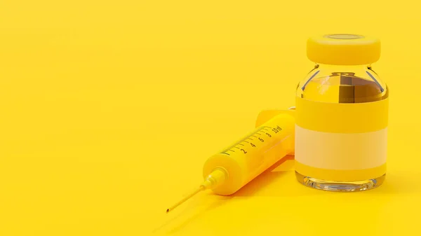 Gele Fles Vaccin Naast Gele Spuit Minimaal Ideeënconcept Render — Stockfoto