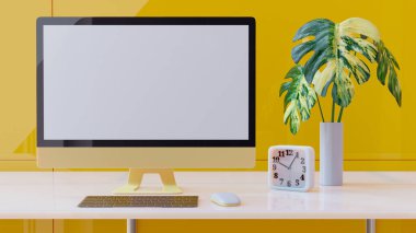 Sarı bilgisayar monitörü beyaz masada, saat ve ağaçlar sarı ofiste. Monitör Model Sarı renk. Teknoloji fikri. 3B Hazırlama.