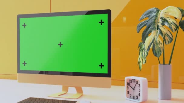 Yellow Computer Monitor White Desk Clock Trees Yellow Office Monitor — Stock video