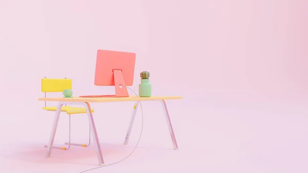 분홍색 주황색 노란색 테이블 액세서리에 주황색 분홍색 컴퓨터 문자를 공간을 — 스톡 사진