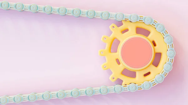 Blue Bicycle Chain Attached Yellow Sprocket Gear Made Plastic Pink — Φωτογραφία Αρχείου