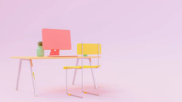 Πορτοκαλί Γραφείο Και Κίτρινη Καρέκλα Ροζ Δωμάτιο Πορτοκαλί Ροζ Υπολογιστή — Φωτογραφία Αρχείου