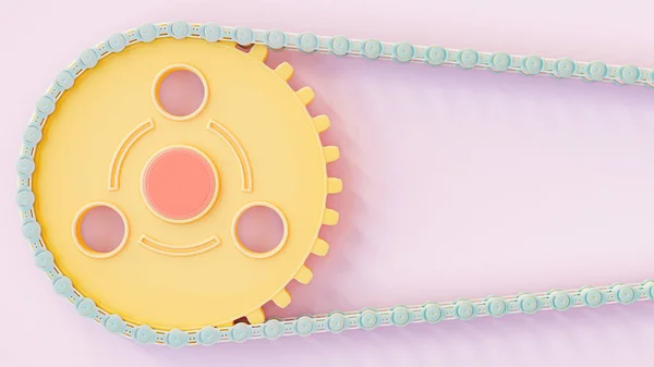 Blue Bicycle Chain Attached Yellow Sprocket Gear Made Plastic Pink — ストック写真