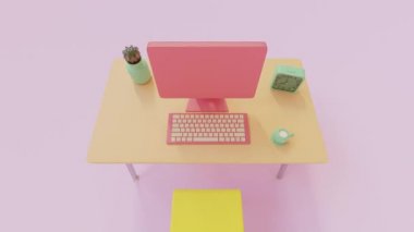 Pembe odada turuncu masa ve sarı sandalye. Masada turuncu-pembe bilgisayar ve yeşil aksesuarlar. Parlak ofis masa konsepti. Canlandırma, 3B Hazırlama.