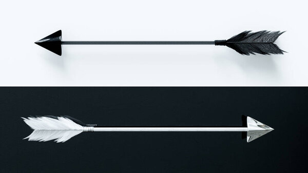 Black bow arrow on white, White bow arrow on black. Aim or different goal concept. 3D Render.