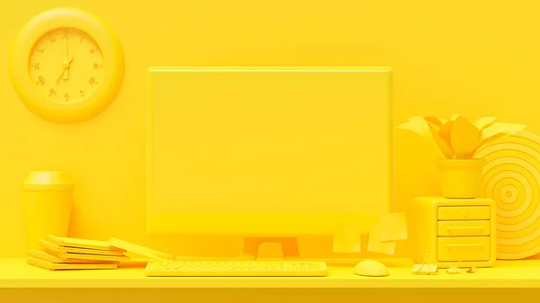 最小的概念 桌上的电脑工作桌上的黄色和你的文字模型与笔记本电脑 纸夹和黑板 3D渲染 — 图库照片