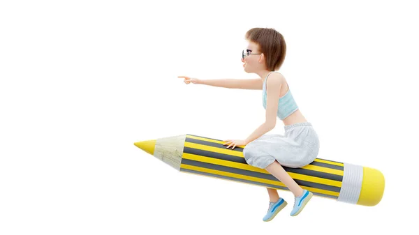女の子の学生白い雲の上に黄色の鉛筆に乗っている 決定的な表情と白い背景 3Dレンダリング — ストック写真