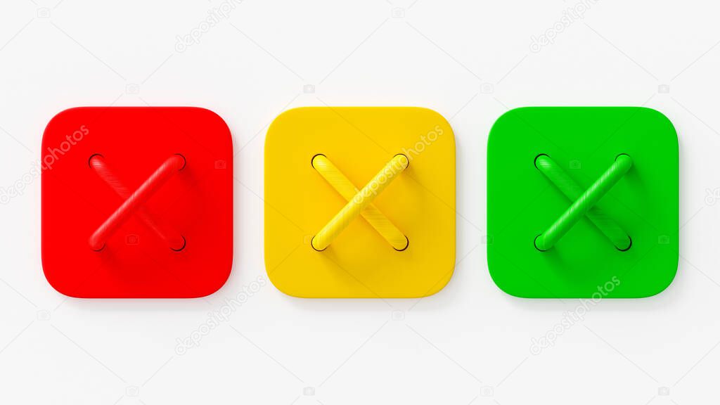 Red, yellow, green cross on a white background. 3D Render.