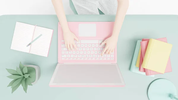 분홍색 노트북 키보드를 누르면 노트북 램프가 파스텔 톤으로 설계된 — 스톡 사진