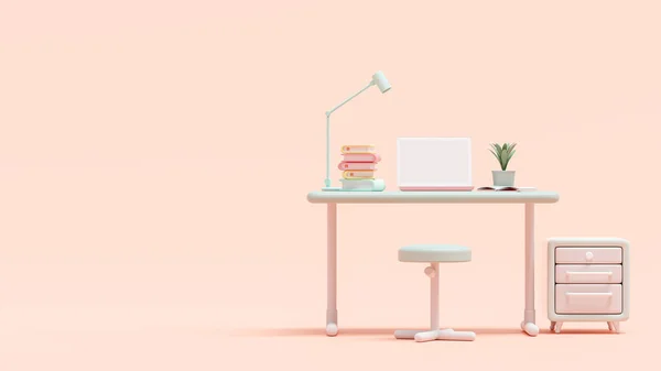 绿色工作台上的粉红笔记本电脑 旁边放有储物柜 横幅和标识背景的空间 3D渲染器 以彩色调设计 — 图库照片