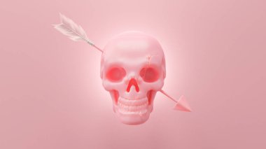 Pembe kafatası bir ok ya da dart dartıyla kafasından vurulmuş. asgari fikir konsepti, 3B Render.