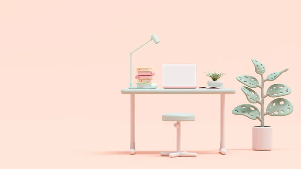 Yeşil çalışma masasında yanında bitki olan pembe dizüstü bilgisayar. Pastel tonlarda dizayn edilmiş, 3B Render.