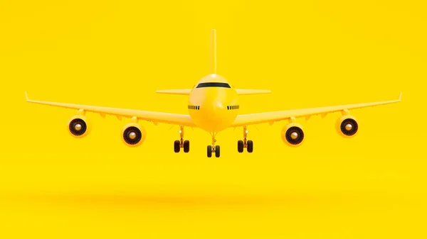 Yellow Plane Front Unfolding Its Wheel Yellow Background Minimal Idea — Stock Photo, Image