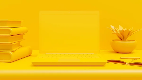 옐로우 Yellow Laptop Mock 책상에 노트북 식물을 있습니다 최소한의 — 스톡 사진