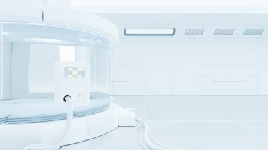 Bilimsel laboratuvar ya da boş beyaz oda. Teknoloji geçmişi ve bilim konsepti. 3B Hazırlama.